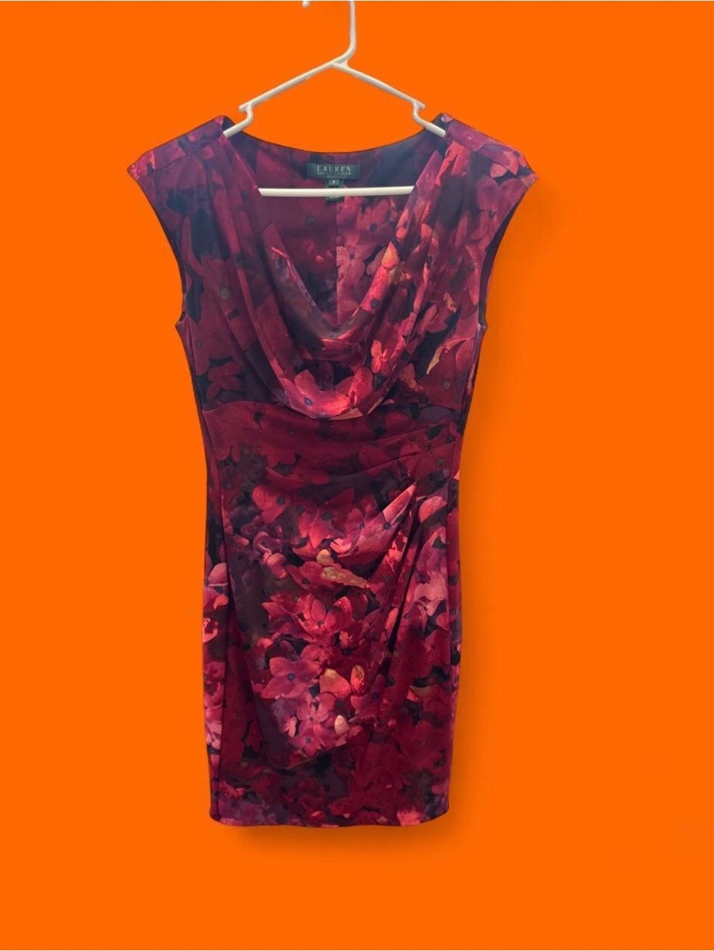 Lauren Ralph Lauren Red Floral Cowl Neck Ruched Sheath Dress Size 6